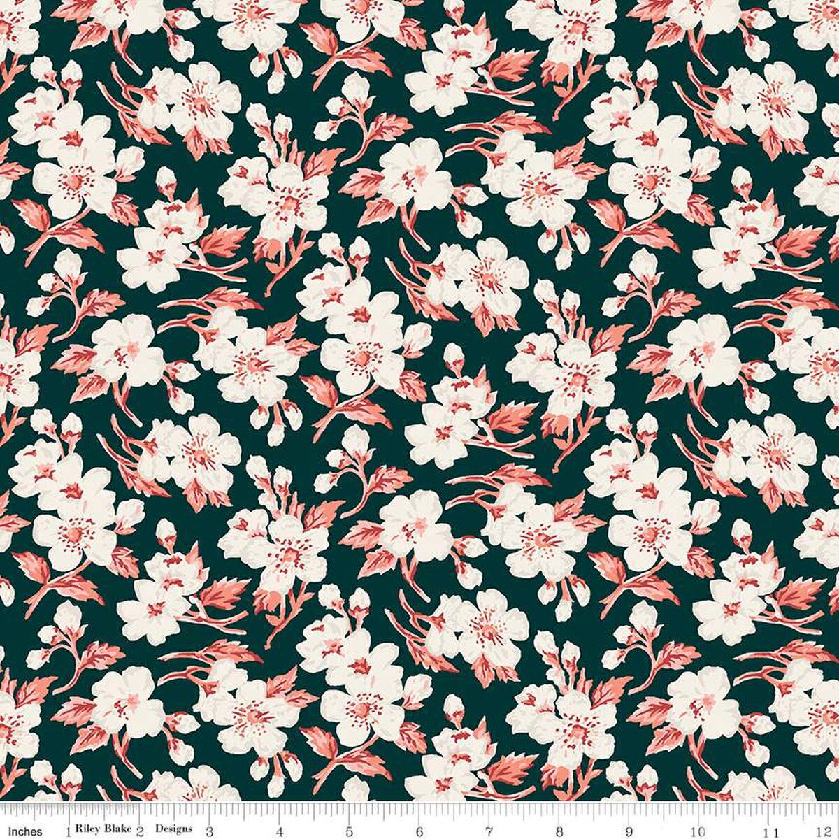 Floral pattern with white and pink flowers on a dark green background, featuring a fabric swatch with measurements.