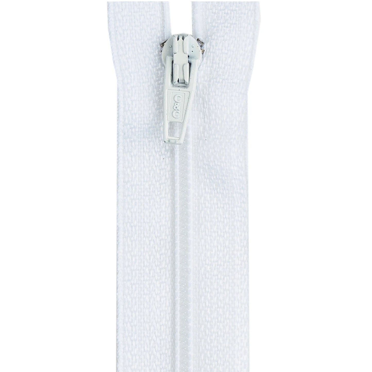Close-up of a white textured fabric with a silver zipper on a white background