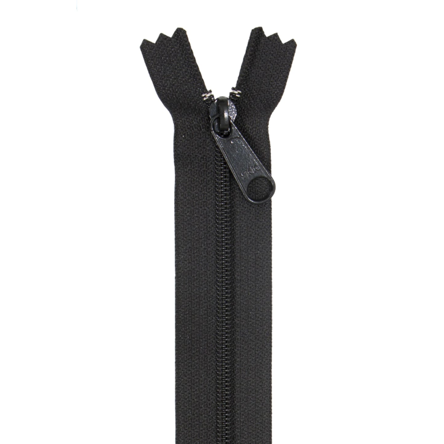 A close-up of a black metal zipper with a matching black pull tab, shown vertically against a plain white background.