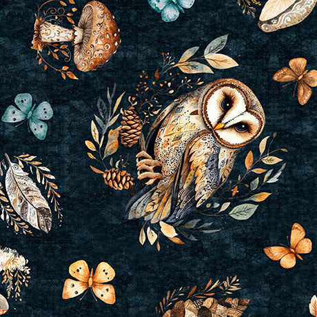 Pattern of an owl, mushrooms, leaves, and butterflies on a dark blue background