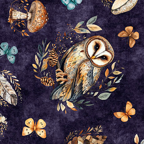 Pattern of an owl, butterflies, and nature elements on a dark background