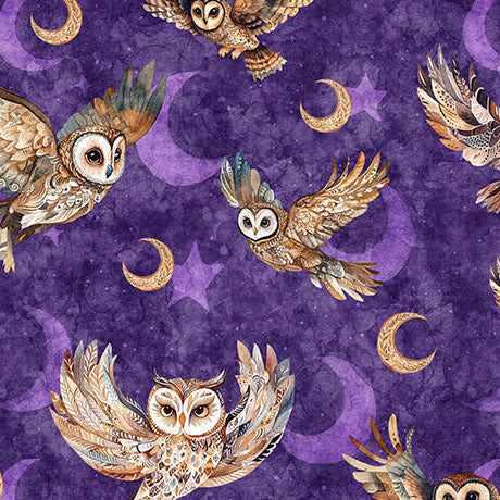 Pattern of owls and celestial elements on a purple background
