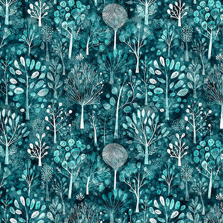 Pattern of stylized trees and plants in teal and white on a dark blue background