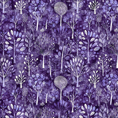 Pattern of stylized trees and plants in white on a dark purple background