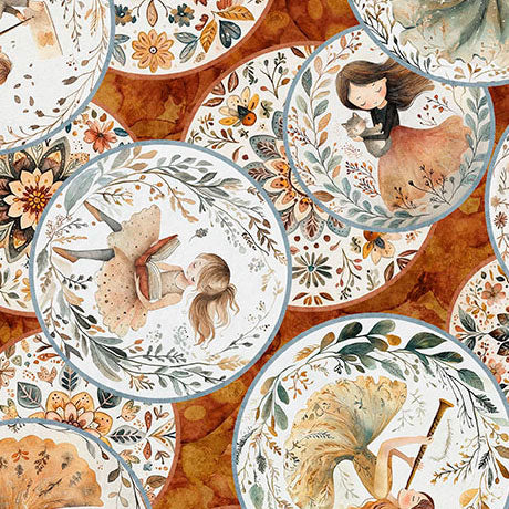 Decorative plates with artistic illustrations of a girl and a deer on a patterned background.