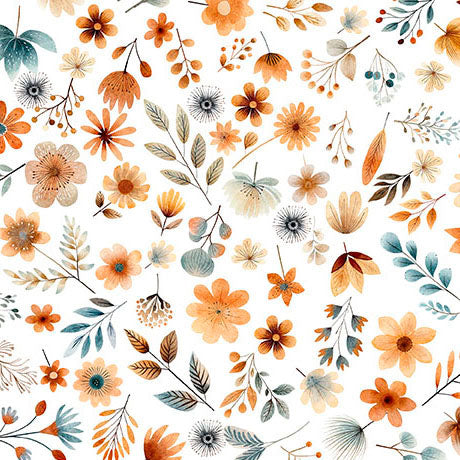 Pattern of autumnal flowers and leaves on a white background