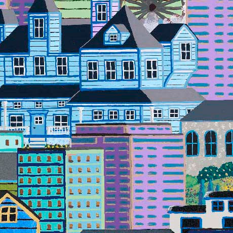 A stylized, colorful illustration of urban buildings and rooftops, with light blue houses most prominent, alongside purple, teal, gray, and black architectural forms.