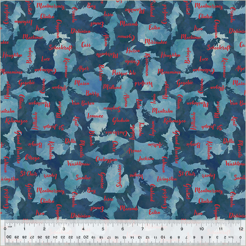 Michigan Counties, Blue, from Windham Fabrics as part of the 2025 Michigan Shop Hop