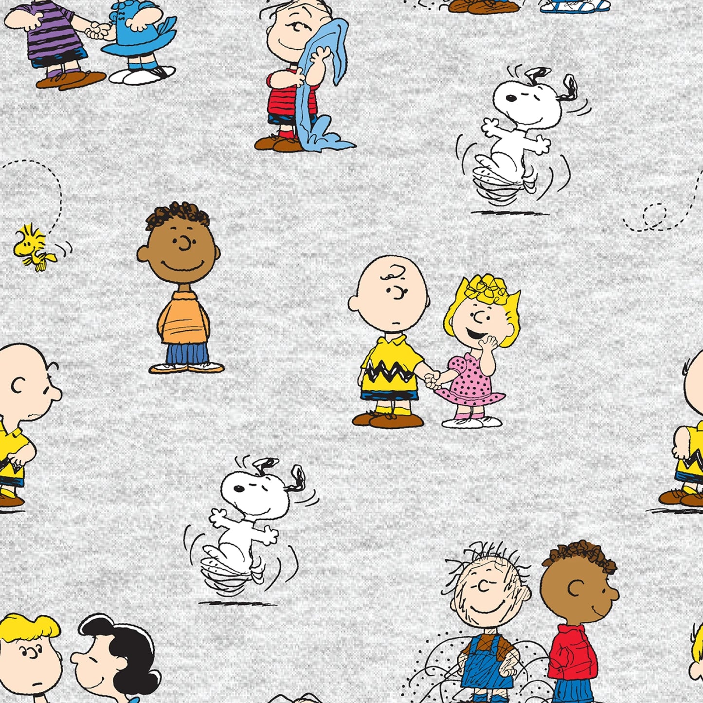 Pattern of cartoon characters on a gray background