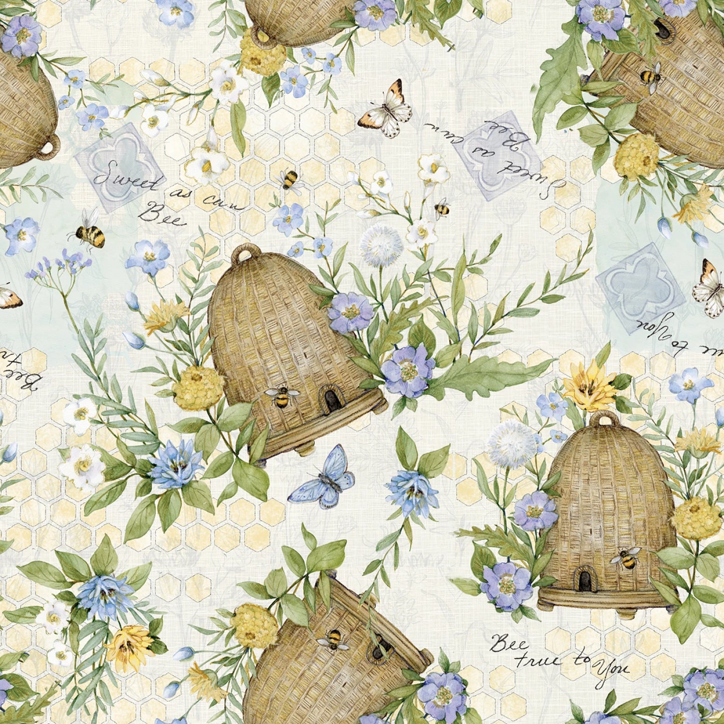 Pattern of bee hives, flowers, and leaves on a light background