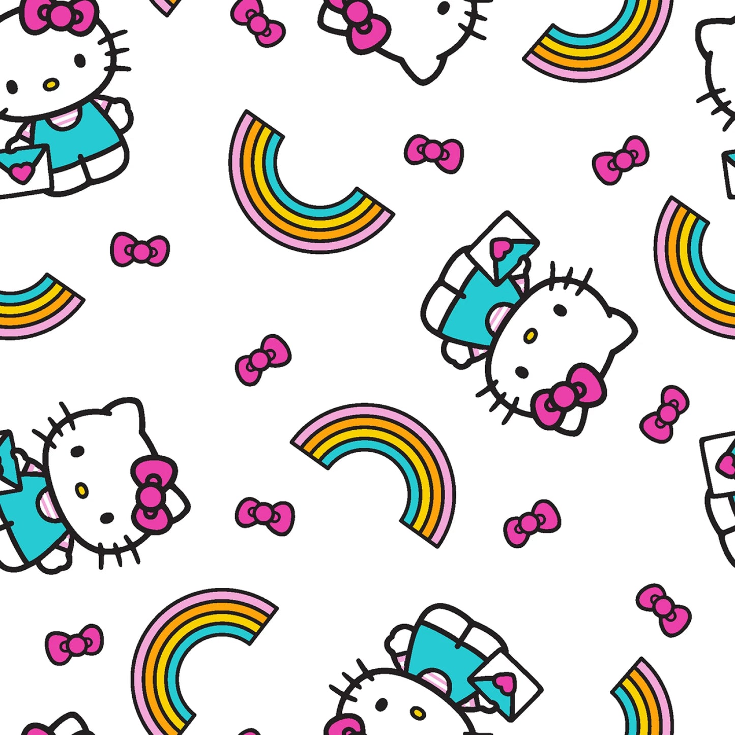 Pattern of Hello Kitty characters, bows, and rainbows on a white background