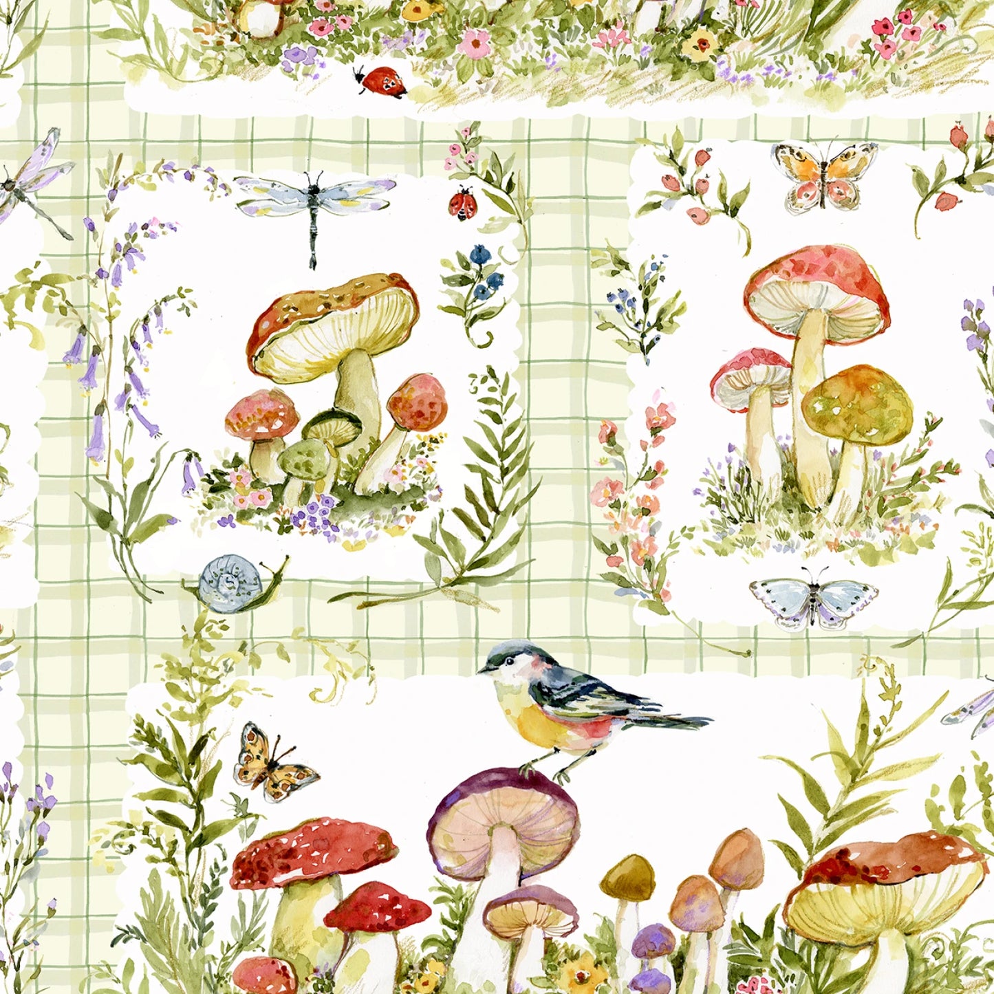 Nature-themed fabric with mushrooms, flowers, and birds on a checkered background