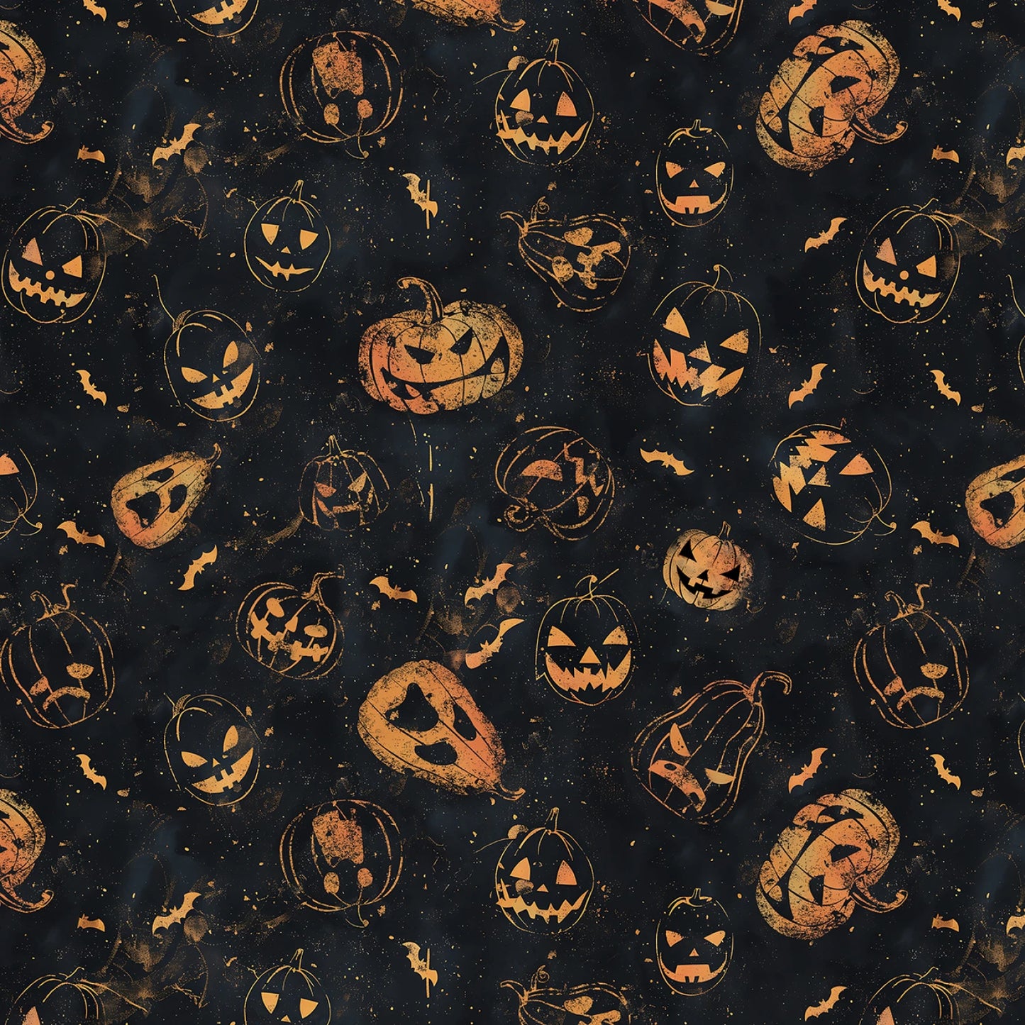 Halloween-themed pattern with pumpkins and bats on a dark background