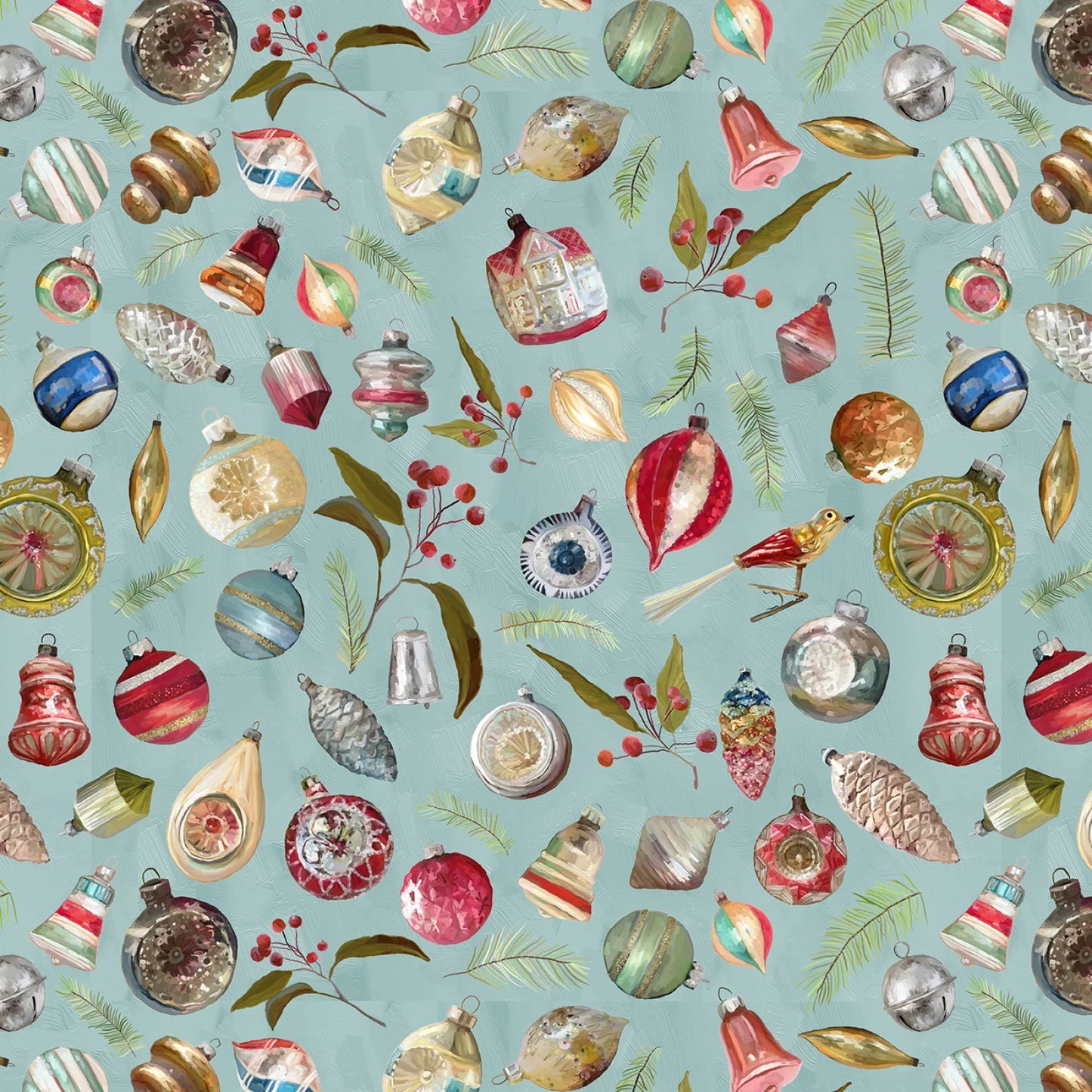 Christmas ornaments scattered around on a blue background