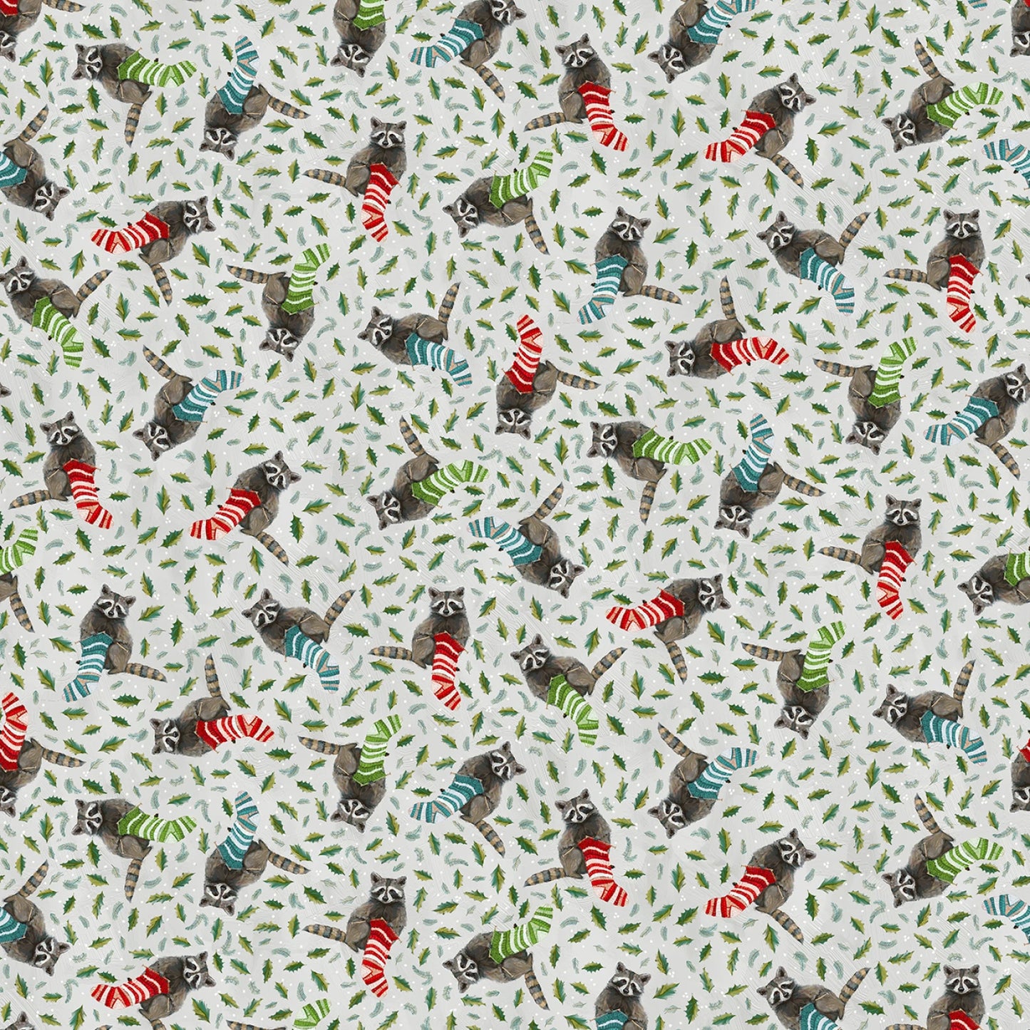 A repeating pattern of small raccoons knitting socks in red, green, blue, and white, set against a light cream background with tiny green leaf motifs.