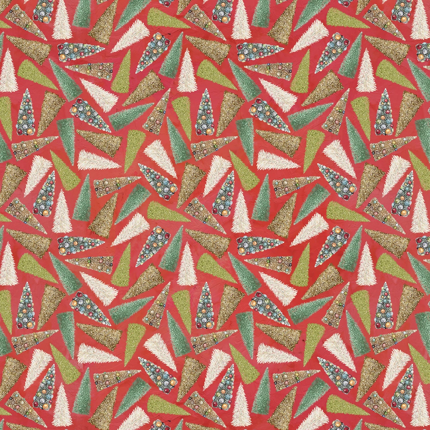 Green and white Christmas trees scattered across a red background