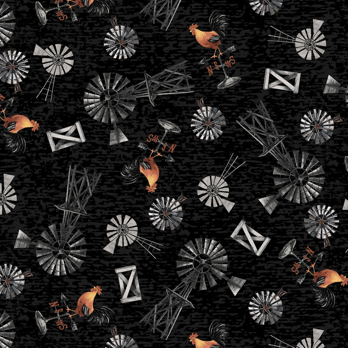 Gray Windmills and Roster Weather Vanes scattered on a black background