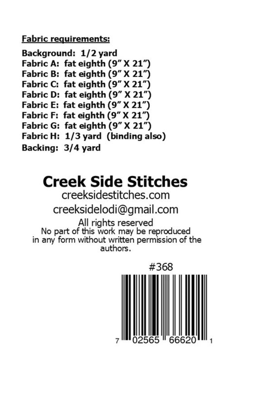 Fabric requirements list for a sewing pattern with Creek Side Stitches branding.