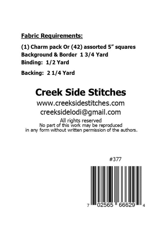 Fabric requirements and contact information for Creek Side Stitches on a white background