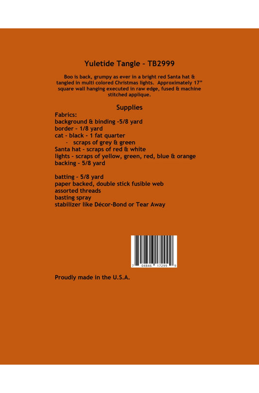 Orange label with text and a barcode for Yuletide Tangle fabric kit on an orange background