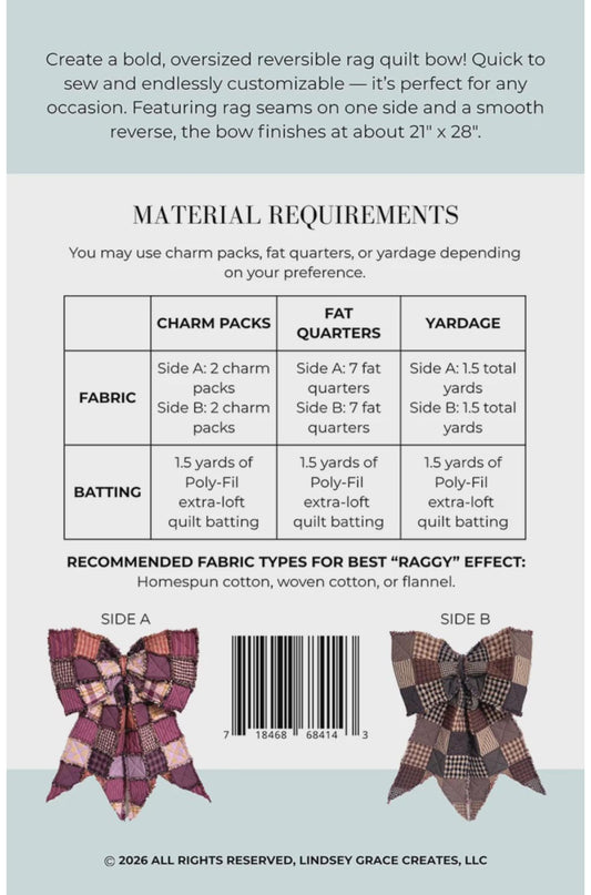 Rag quilt bow pattern with material requirements and fabric recommendations on a light blue background.