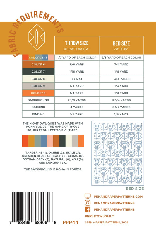 Back of Night Owl Quilt Pattern