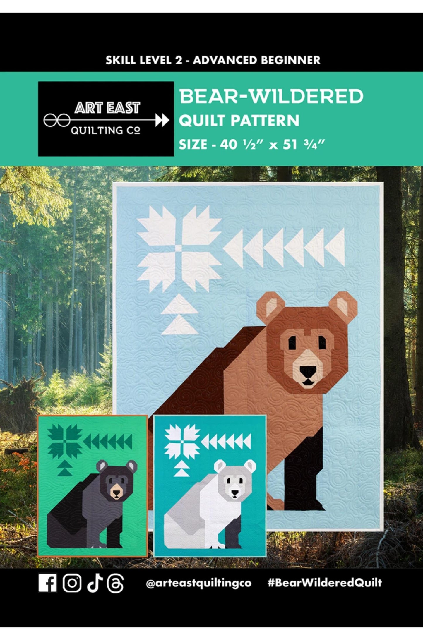 Quilt pattern for 'Bear-Wildered' with a bear design on a blue background, surrounded by trees.