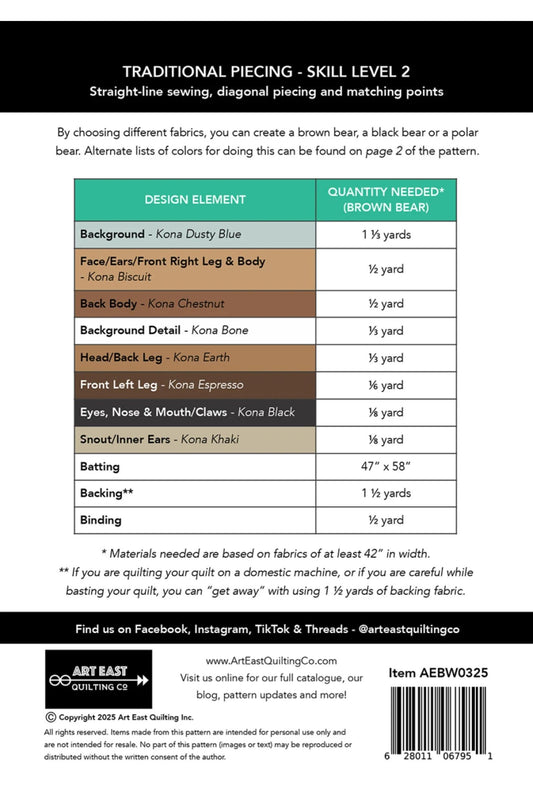 Fabric requirement chart for a brown bear design with color swatches and measurements.