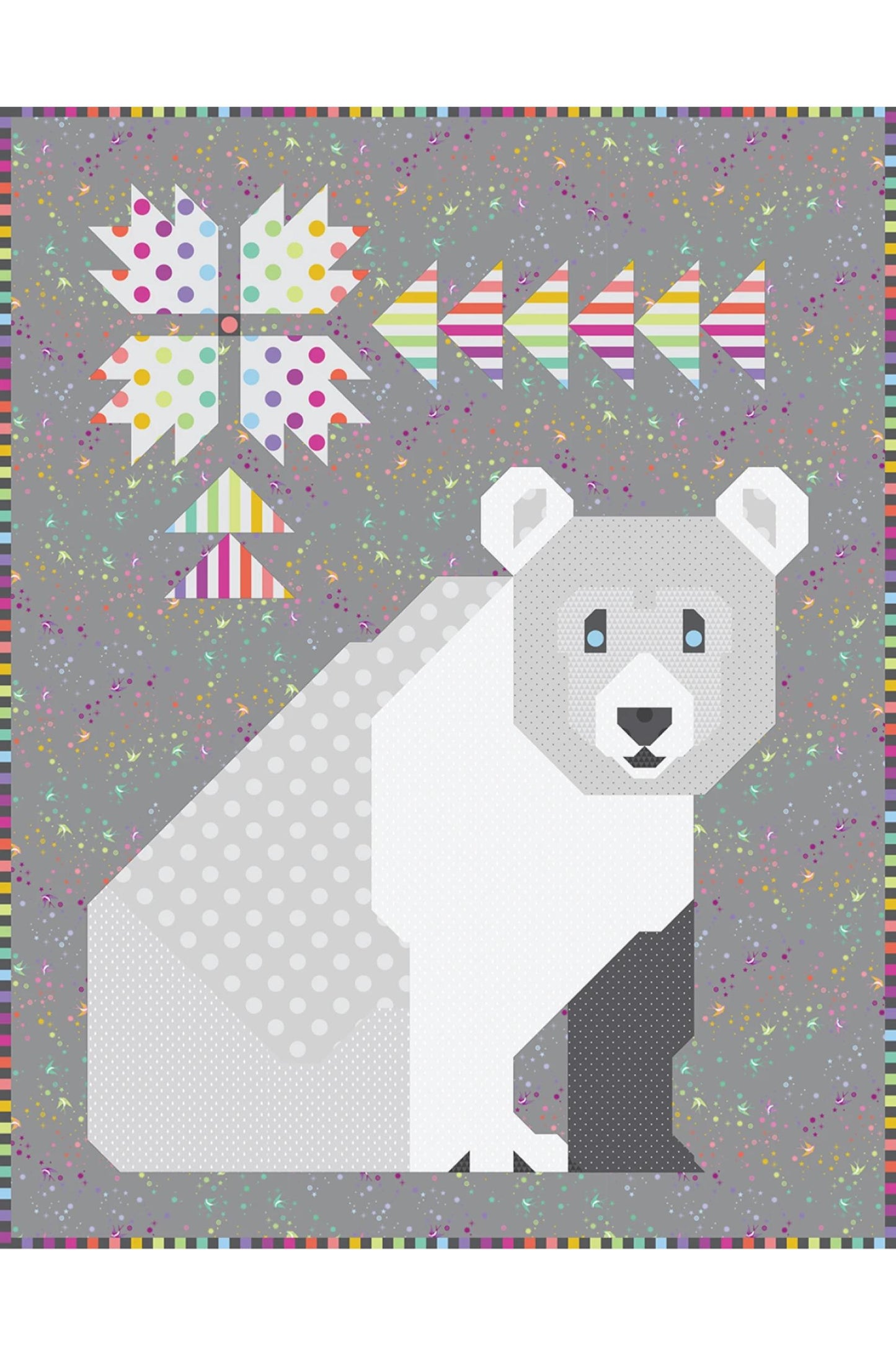 Quilt block with a polar bear design on a gray background with colorful geometric patterns.