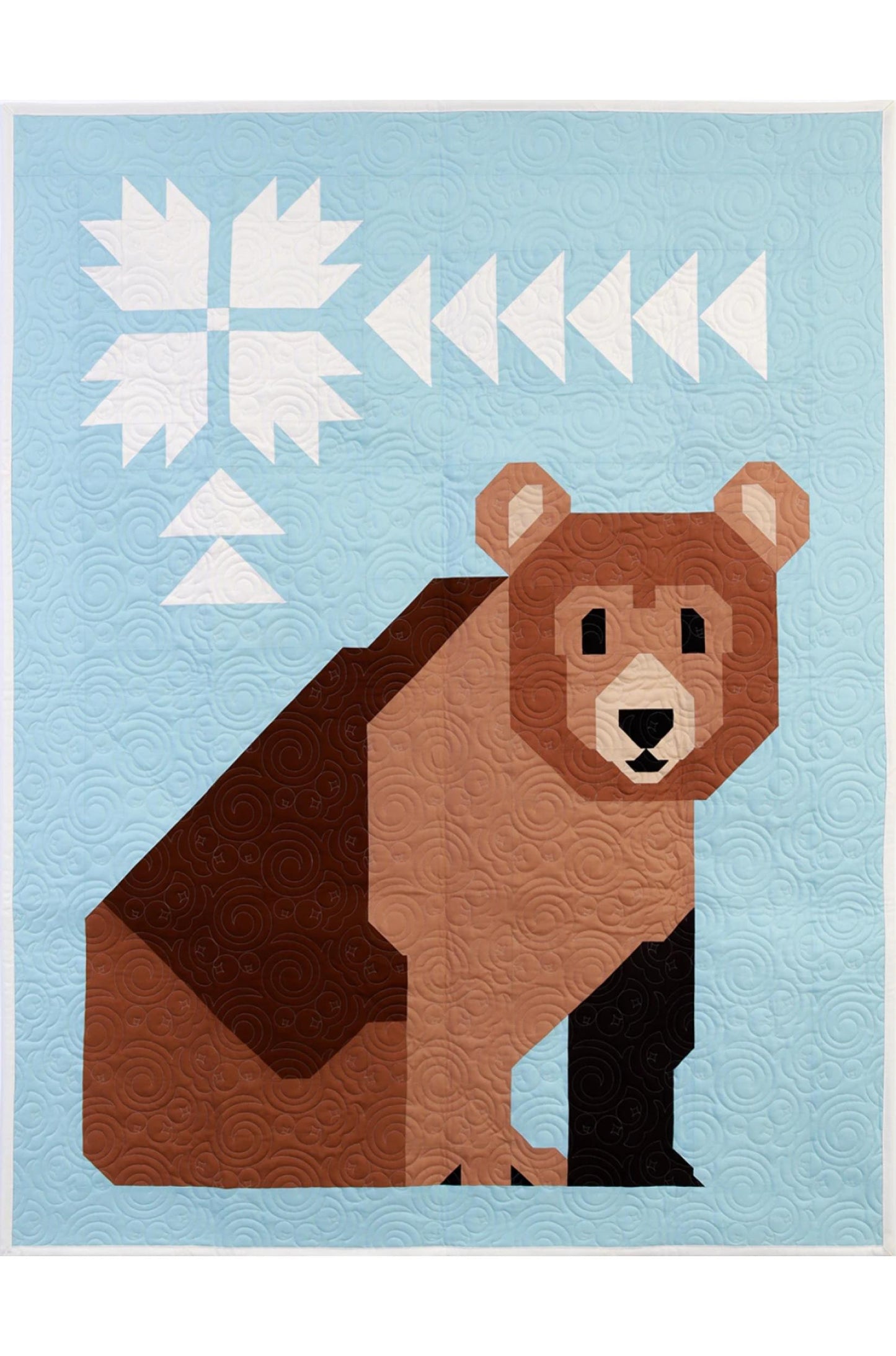 Illustration of a bear on a light blue background with geometric shapes