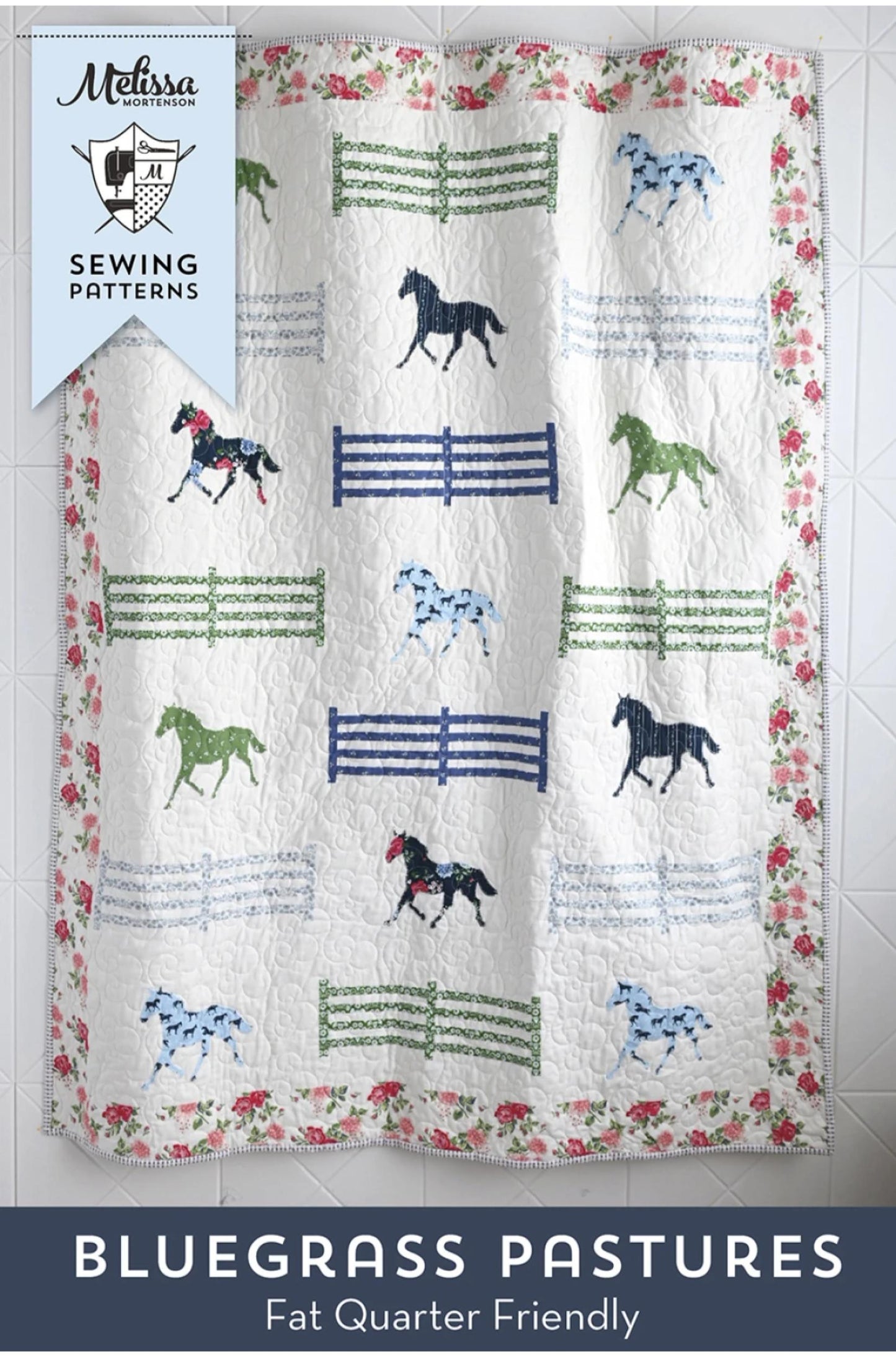 Quilt Pattern with horse and fence designs on a white background, featuring the Melissa Mortenson brand.