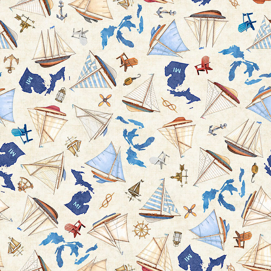 Ships on Cream Fabric Background