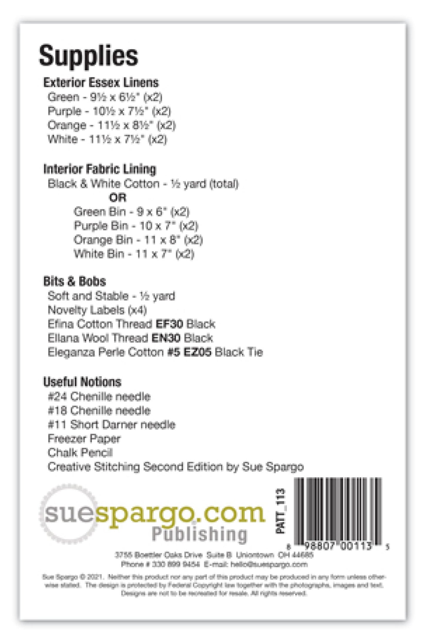 Supplies list for a sewing project with text and barcode on a white background