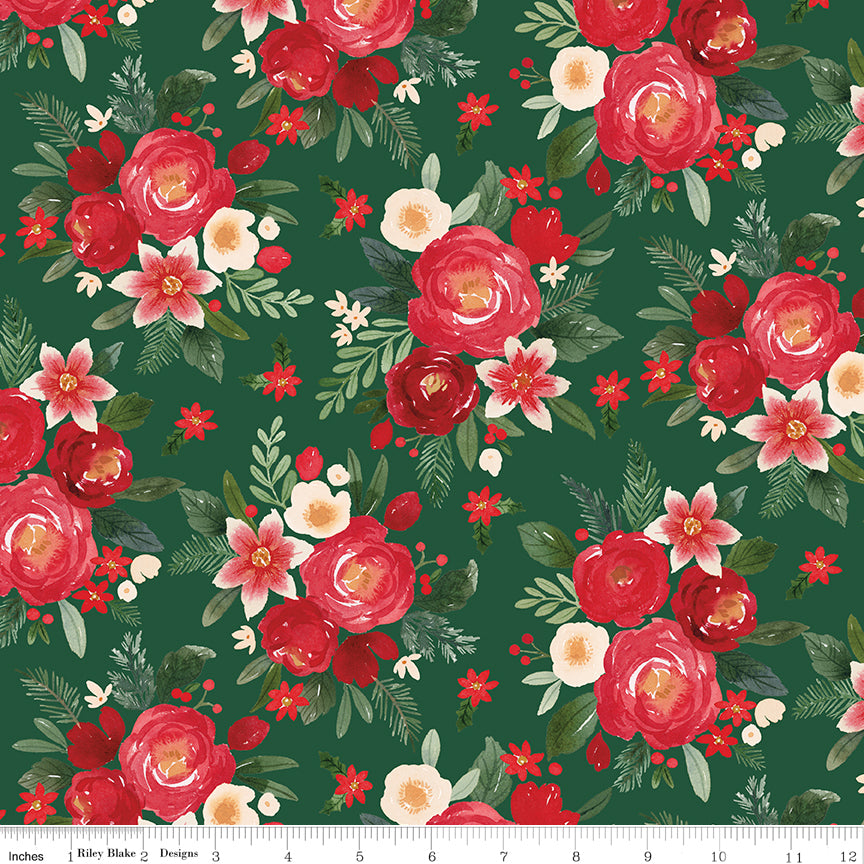 Floral pattern with red and pink flowers on a green background
