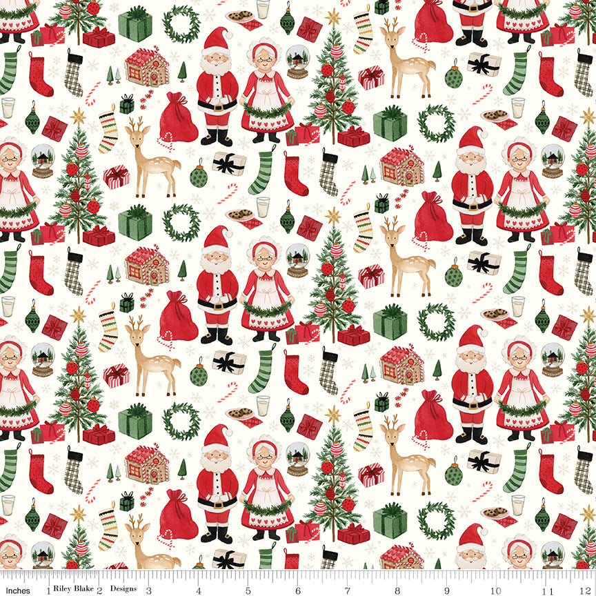 Christmas-themed fabric pattern with Santa Claus, reindeer, and presents on a white background.