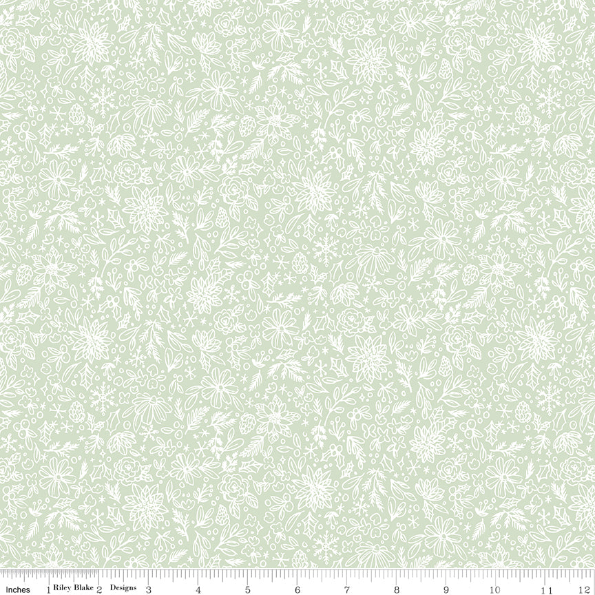 Floral patterned fabric swatch on a light green background