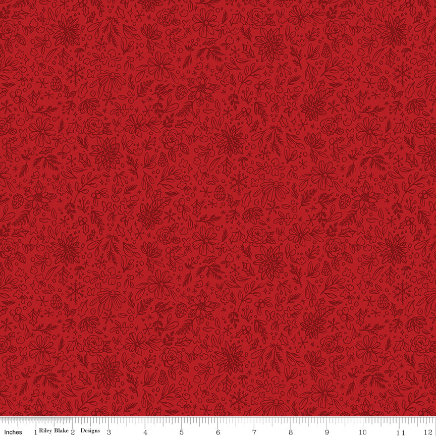Red fabric with black floral pattern, brand 'Riley Blake' visible
