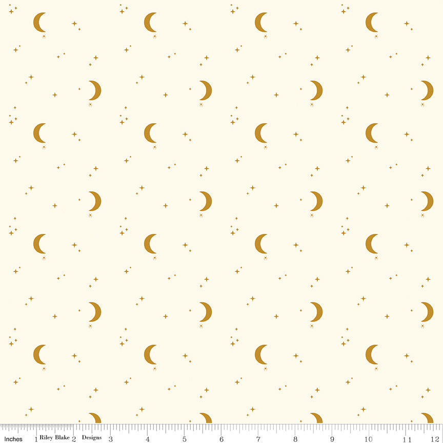 Pattern of yellow crescent moons and small stars on a white background