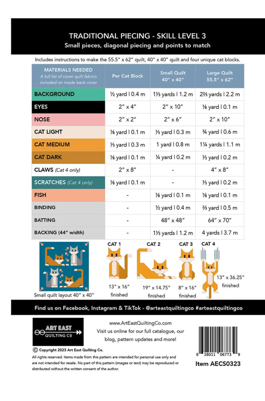 Quilting pattern sheet with material requirements for cat-themed quilts.