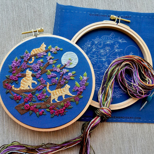 Embroidery hoop with cats and flowers on blue fabric, surrounded by embroidery thread and design guidelines.