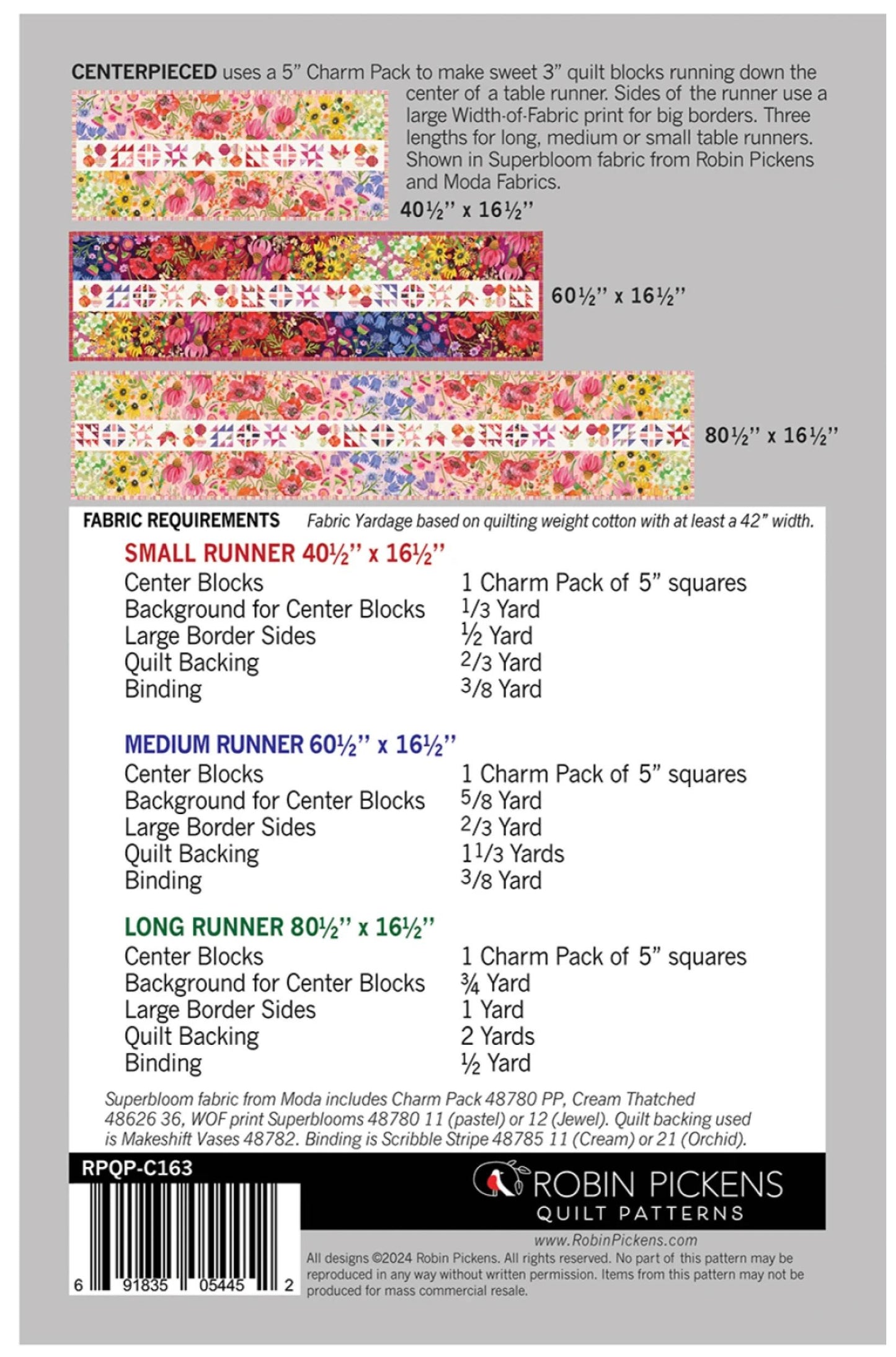 Back cover of a quilting pattern booklet showing fabric requirements, pattern pieces, and a barcode for Robin Pickens Quilt Patterns.
