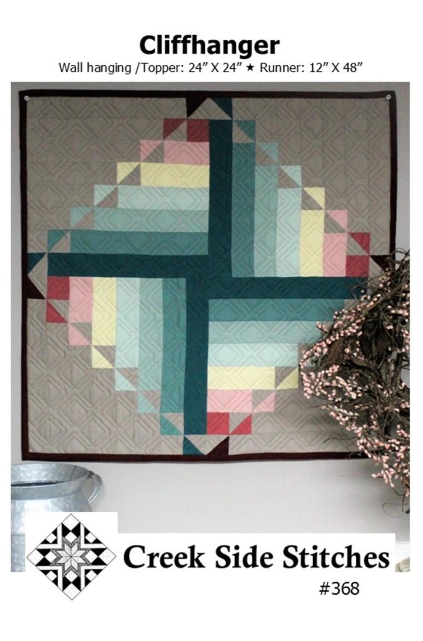 Quilt pattern titled 'Cliffhanger' by Creek Side Stitches with geometric design on a white background.