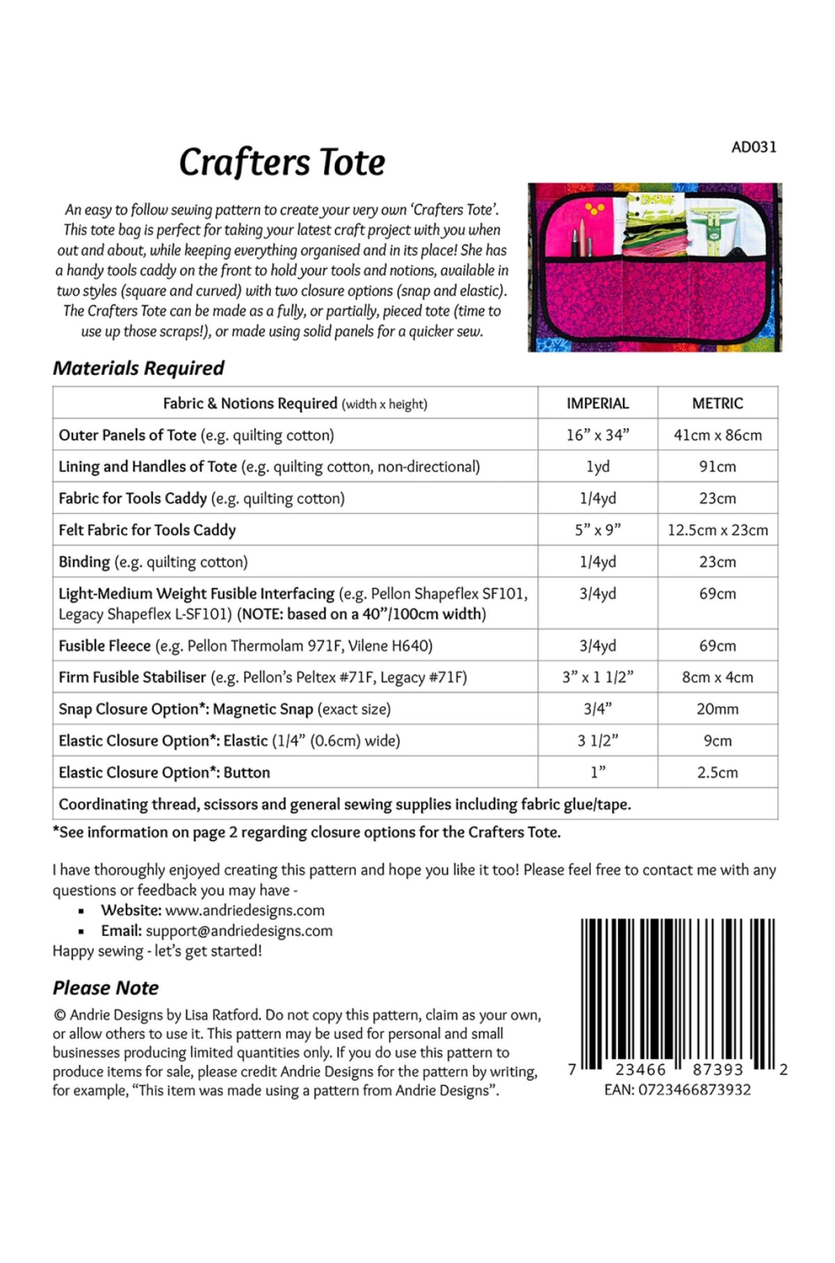 Back of Crafters Tote Pattern