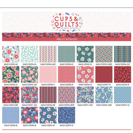 Cups & Quilts fabric collection with various patterns and a brand logo.