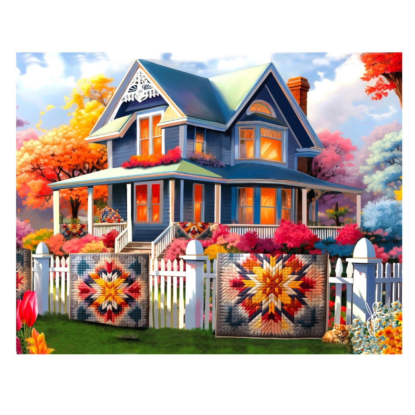 Colorful house with decorative quilts on a white picket fence against a vibrant autumn landscape.