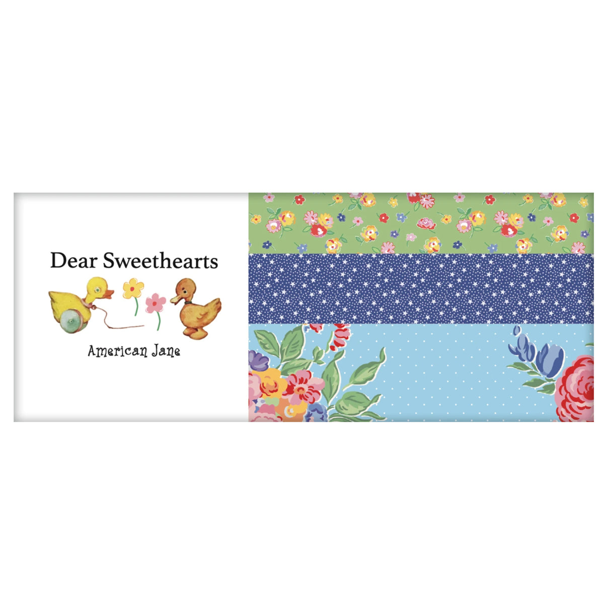 A decorative label or envelope card with a white left panel reading 'Dear Sweethearts' and 'American Jane' with a duck illustration, joined to a right panel showing floral and patterned bands in green, navy, and light blue.