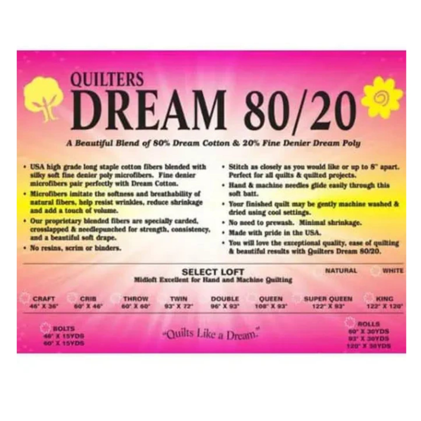 Quilters Dream 80/20 label