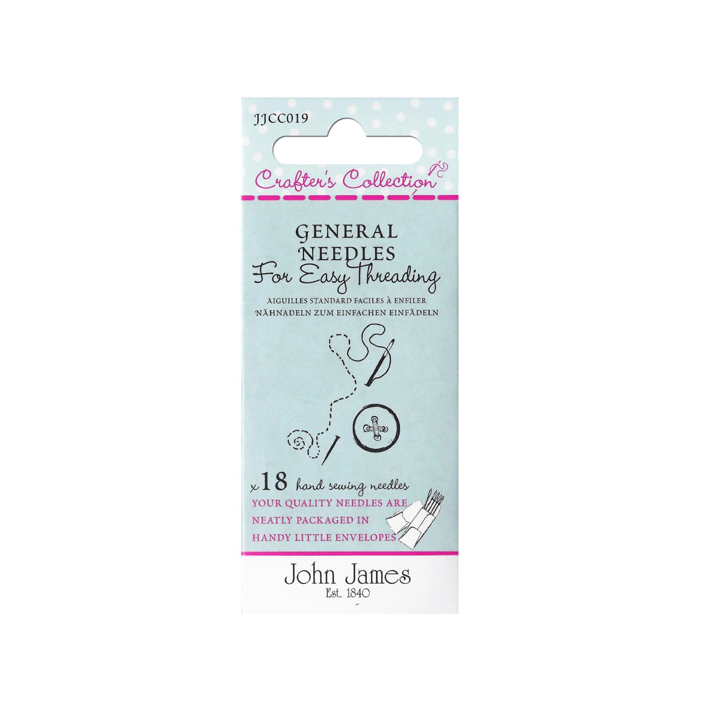 Packaging of John James general needles for easy threading on a white background