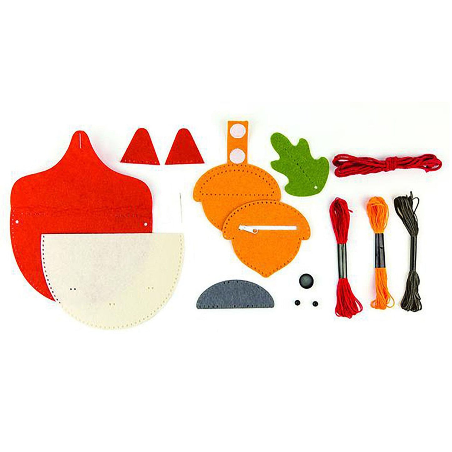 Felt craft kit with red, orange, green, and black pieces on a white background