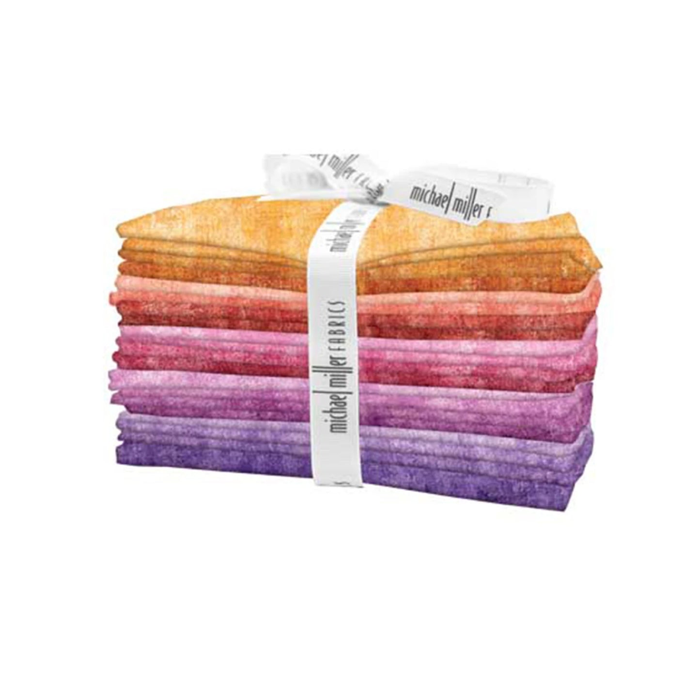 Stack of colorful fabric strips with a white band labeled 'Michael Miller Fabrics' on a white background.